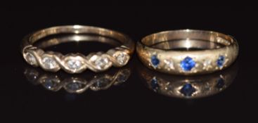 A 9ct gold ring set with five diamonds and a 9ct gold ring set with sapphires and diamonds 3.9g,