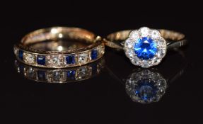 Two 9ct gold rings set with synthetic sapphires, 4.5g, size L & M