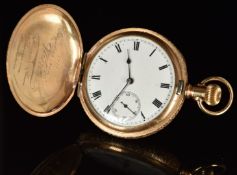 Waltham gold plated keyless winding full hunter pocket watch with inset subsidiary seconds dial,