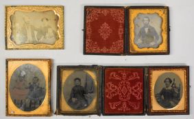 Five 19thC daguerreotypes including a coloured example of two girls wearing dresses, largest 11 x