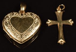 A 9ct gold heart locket and cross pendant, 3.9g
