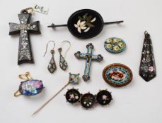 A micro mosaic cross, stick pin, brooch and a pair of earrings, two silver brooches set with