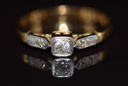 Art Deco 18ct gold ring set with diamonds in a platinum setting, 2g, size K