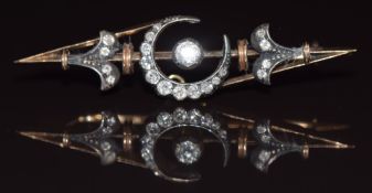 Victorian 9ct gold brooch in the form of a crescent set with diamonds, 4.7g, 4.5x1.2cm