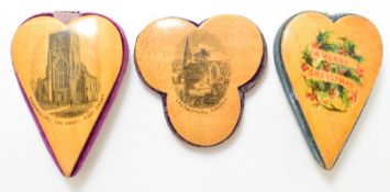 Sewing, needlework and embroidery interest three heart and clover shaped pin cushions comprising
