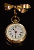 Unnamed 14ct gold keyless winding open faced pocket watch with blued hands, black Roman numerals,