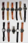 Eleven military style gentleman's wristwatches including chronograph and diver's examples.