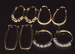 Three pairs of 9ct gold earrings (3.3g) and a pair of silver gilt earrings