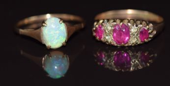 Two 9ct gold rings, one set with synthetic sapphires and the other opal, 3.8g, size R & P