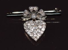 Victorian brooch in the form of a heart and bow set with old cut diamonds, 4.3g 2.4cm
