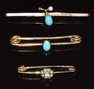Three 9ct gold brooches, one set with a diamond and turquoise, one with turquoise and pearl and