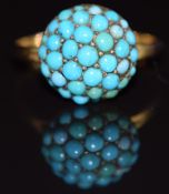Victorian 9ct gold ring set with turquoise cabochons in a dome setting, 3g, size O