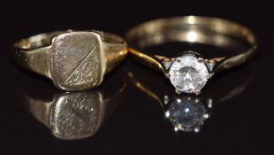 A 9ct gold signet ring and a 9ct gold ring set with cubic zirconia, 2g, size G & N