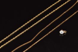 Two 9k gold chains/ necklaces and 9ct gold pendant set with cubic zirconia, 7.9g