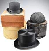 Vintage jockey's cap by Walter Barnard and Son, in hat tin, bowler hat in vintage cardboard box