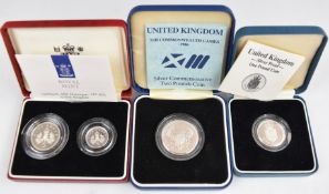 Royal Mint silver proof cased coins to include 1990 5p pair, XIII Commonwealth Games £2 and a