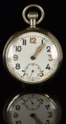 Bravingtons keyless winding open faced military pocket watch with inset subsidiary seconds dial,