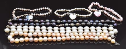 Three single strands of freshwater pearls and three bracelets