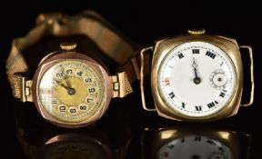 Two 9ct gold wristwatches comprising a unnamed gentleman's example with cushion shaped case (18.