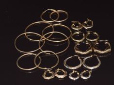 Ten pairs of 9ct gold earrings including bi-coloured and other hoops, 13.8g