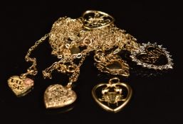 Seven 9ct gold chains and heart pendants, 6.4g