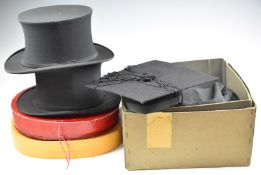 Two collapsible top hats in boxes including Selfridges, and a gown and Christys' mortar board of