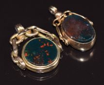 Two 9ct gold swivel fobs one set with bloodstone and carnelian agate, 8.3g