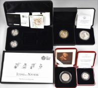Six Royal Mint silver proof coins comprising a 2007 £1 piedfort, Sapphire Jubilee £5 coin, 2009