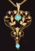 Edwardian 15ct gold pendant set with turquoise cabochons and seed pearls on 9ct gold chain, 7g