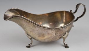 Birks American silver sauce boat raised on three feet, marked to base Birks Sterling, length 19cm,