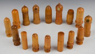 Collection of turned treen sewing, needlework and embroidery related bodkins / needle cases, most of