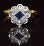 Art Deco 18ct gold ring set with a sapphire and diamonds in a platinum setting, 2.7g, size J