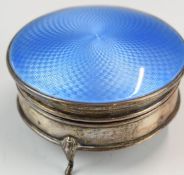 Art Deco hallmarked silver and blue guilloché enamel dressing table pot with hinged lid, raised on
