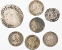 Elizabeth I rose sixpence, illegible date, together with a drilled Charles I half groat, an Abdul