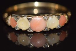 A c1900 18ct gold ring set with coral, pearls and diamonds, 2.8g, size N
