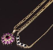 A 9ct gold pendant set with garnets on a 9ct gold chain, and a 9ct gold necklace set with