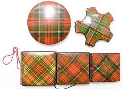 Sewing, needlework and embroidery interest Mauchline ware tartan pin wheels and cushions including