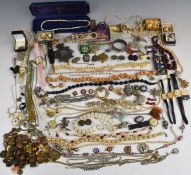 A collection of costume jewellery, hallmarked silver buckle bangle (Birmingham 1883), silver pot,