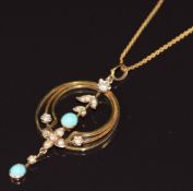 Edwardian 9ct gold pendant set with turquoise and seed pearls, on 9ct gold chain, in original box,