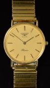 Longines Presence 18ct gold gentleman's wristwatch with gold hands, hour markers and dial and quartz