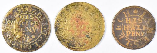 Three 17thC halfpenny merchant's tokens comprising 1666 James Leech of Yorke Skinner's Arms 1666