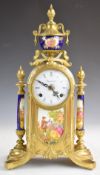 French brass and porcelain mantel clock with 'Imperial' to the face and decorated with Watteau