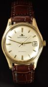 Jaeger LeCoultre 9ct gold gentleman's wristwatch with gold hands, gold and black hour markers,