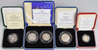 Five Royal Mint silver proof piedfort coins comprising D-Day commemorative 50p, 1998 £1, 1992 10p