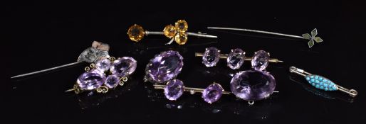 Nine silver c1920 brooches set with turquoise, amethyst and citrine and two silver stick pins set