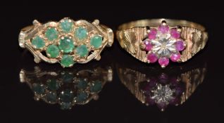 Two 9ct gold rings, one set with emeralds and the other diamond and rubies, 4.6g, size Q
