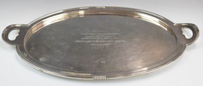 George VI hallmarked silver oval twin handled tray with inscription to Margaret Lady Gisborough by