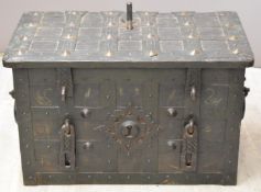 17th or 18thC German iron Armada chest or strong box, the strapwork lid opening to reveal ornate