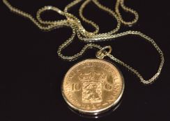 A 1927 gold Guilder coin, in 9ct gold mount, on 9ct gold chain, 10.9g