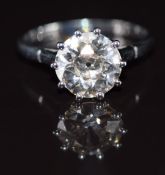 A platinum ring set with an old cut diamond of approximately 2.4ct, 2.9g, size O